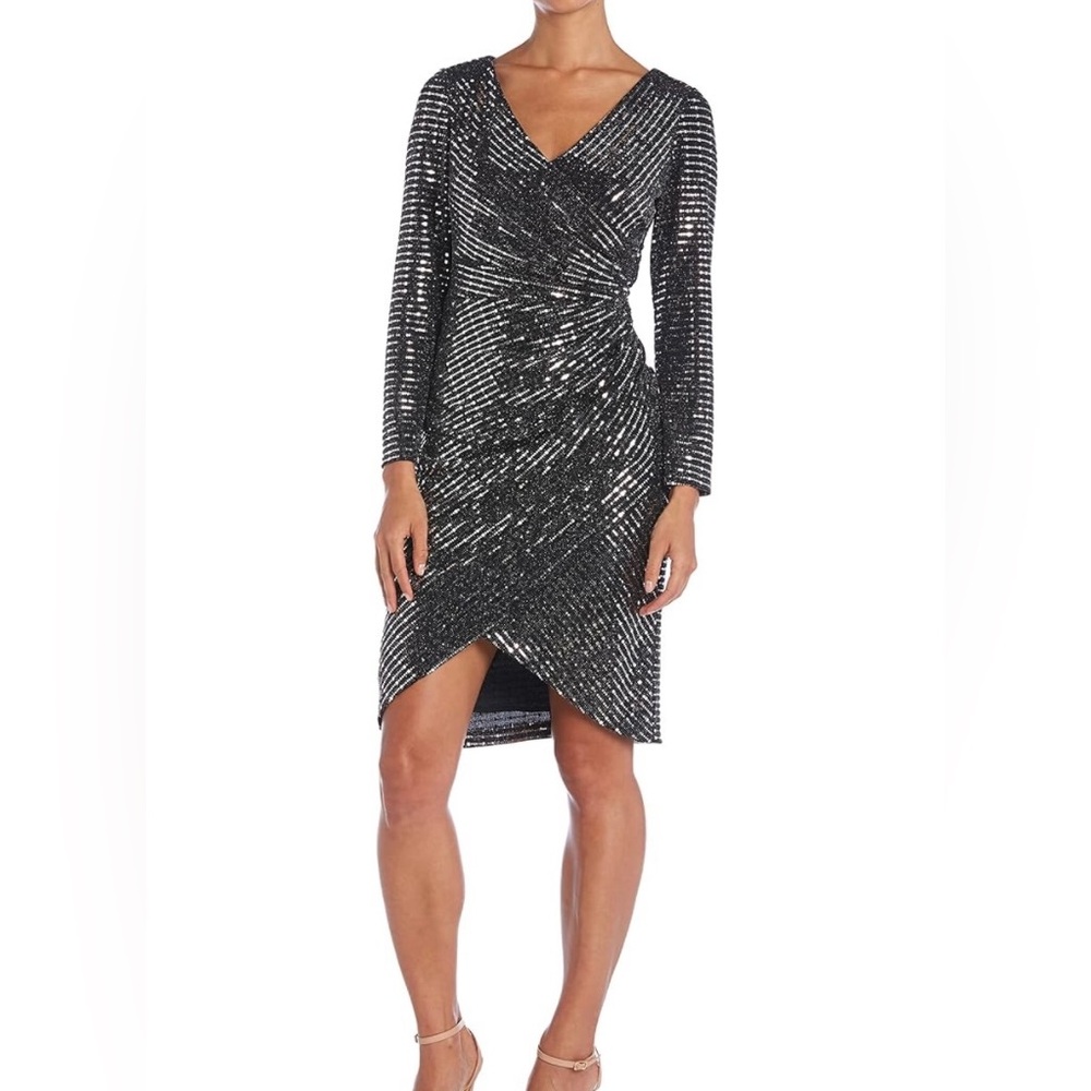 Nightway Short Metallic Dress Mock Wrap, Side Drape and Tulip Cut Front: Size 4